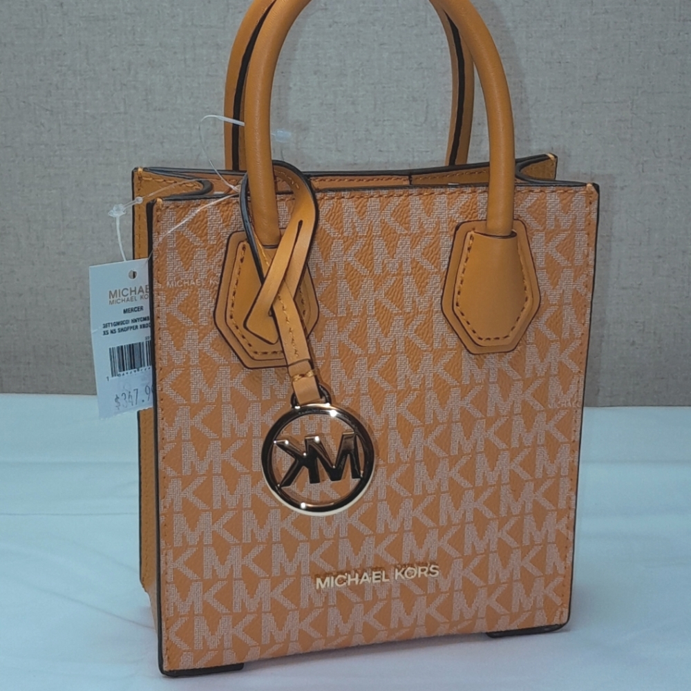 MICHAEL KORS MERCER XS NS SHOPPER CROSSBODY SATCHEL BAG MK YELLOW HONEY LOGO